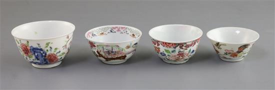 Four Chinese famille rose tea bowls, Yongzheng/Qianlong period, D. 6.7cm - 7.9cm, two with tiny rim chips